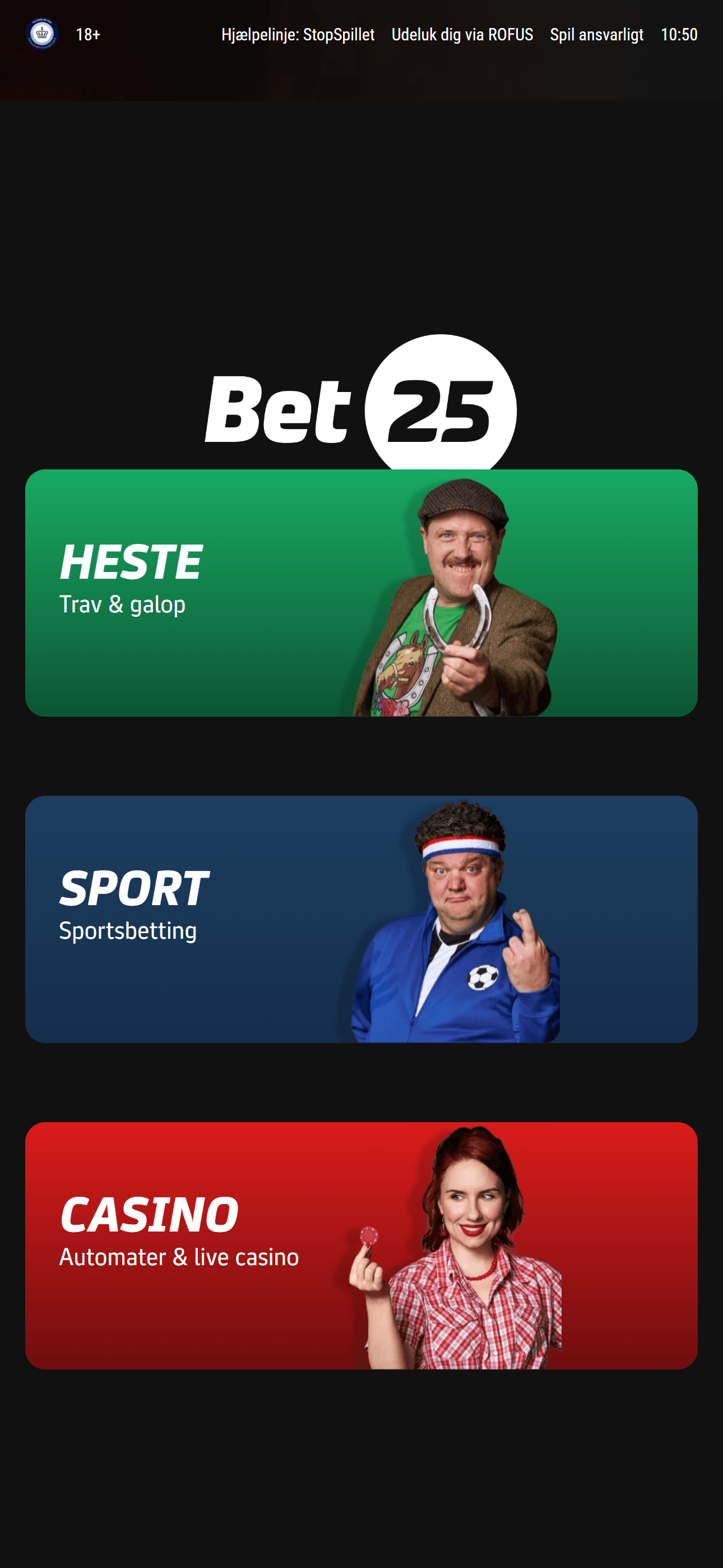 Bet25 forside med Heste, Sport og Casino