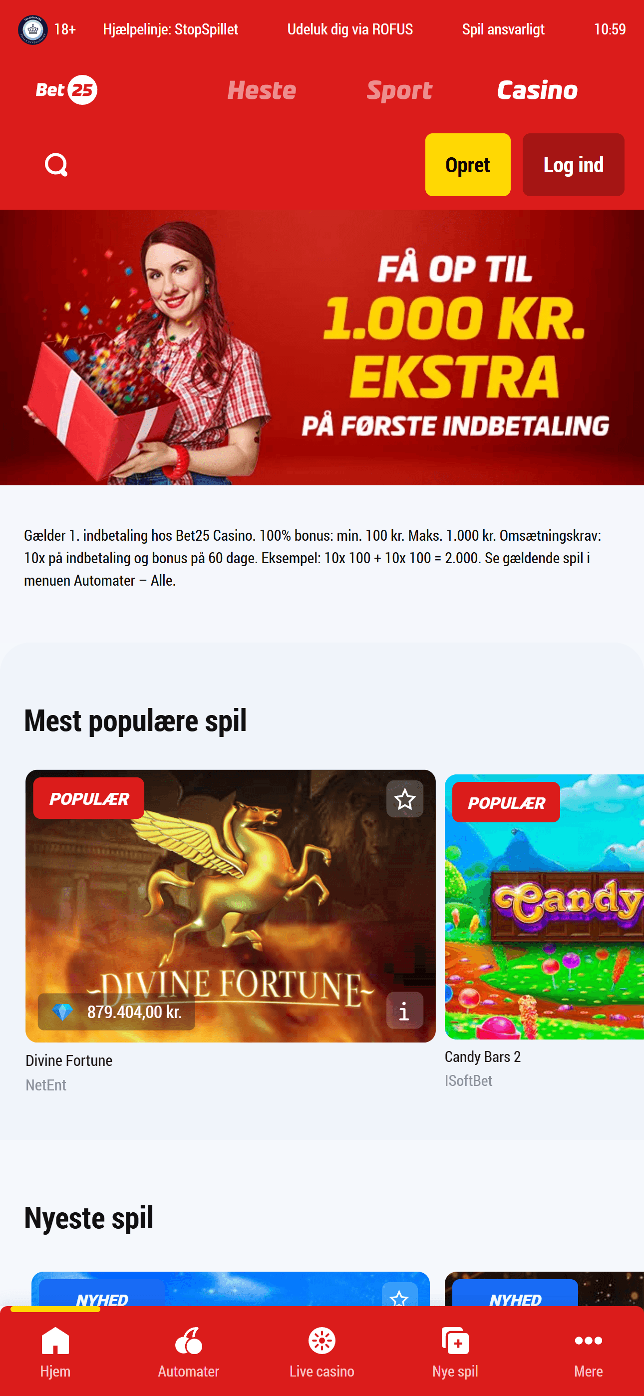 Bet25 casino-lobby med spillemaskiner