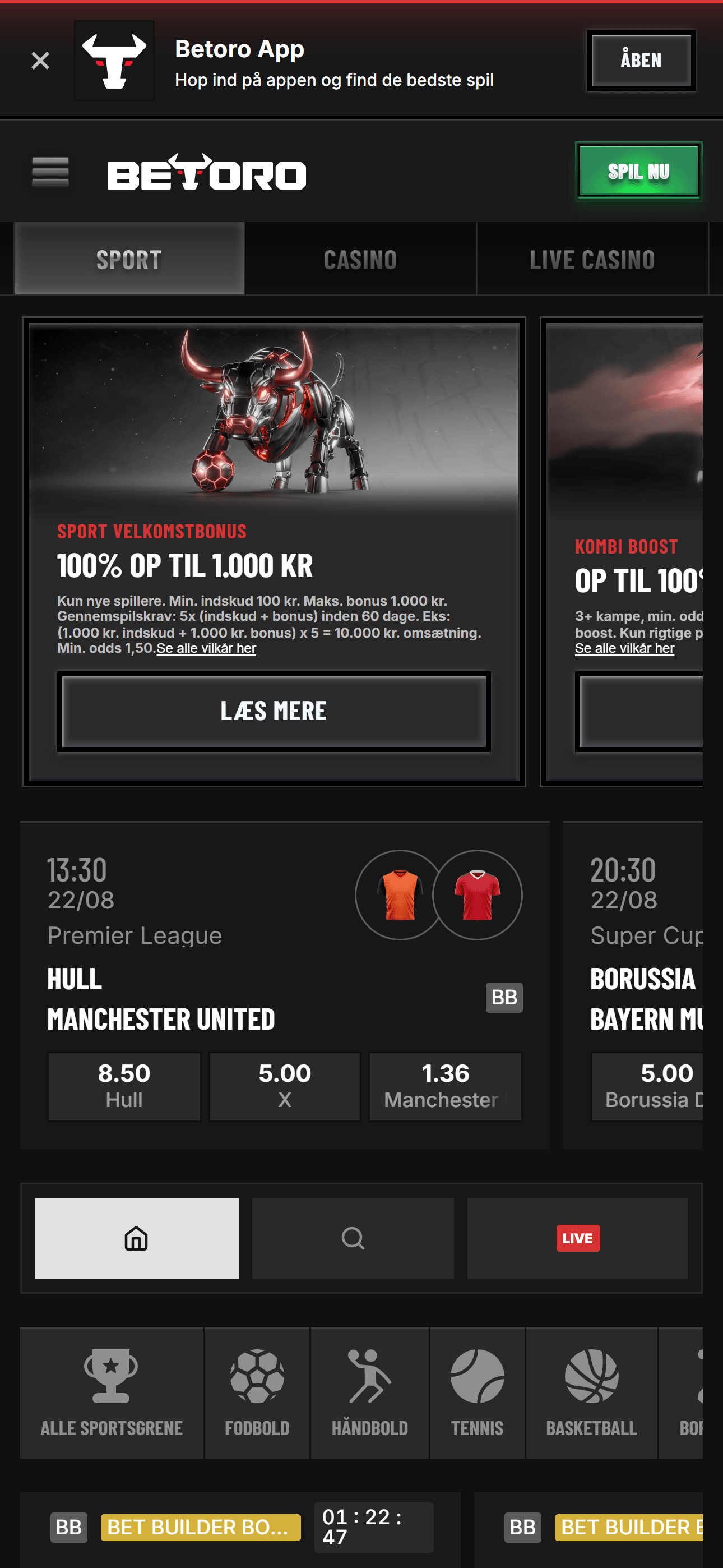 Betoro sportsbook med kampe, odds og live betting