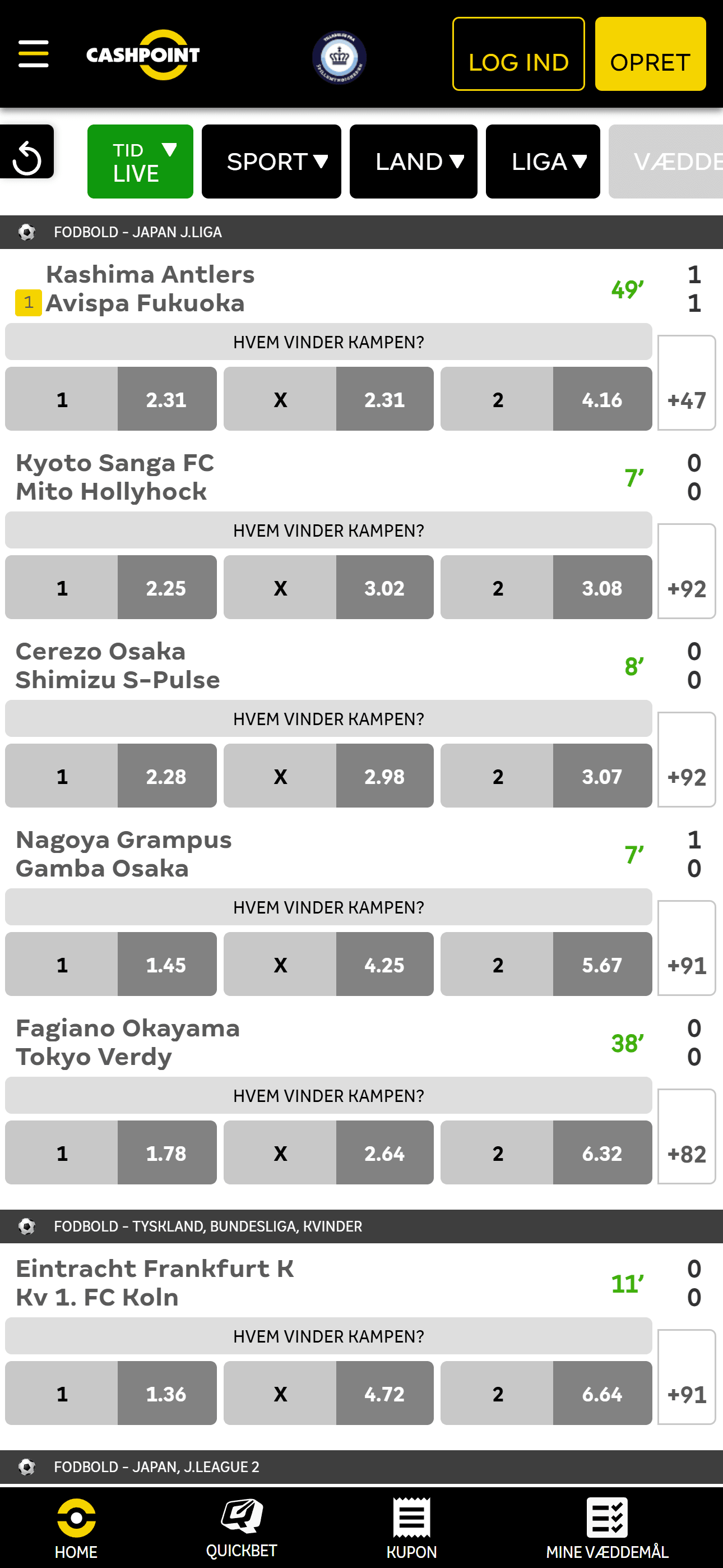 Cashpoint live betting med fodboldkampe og odds