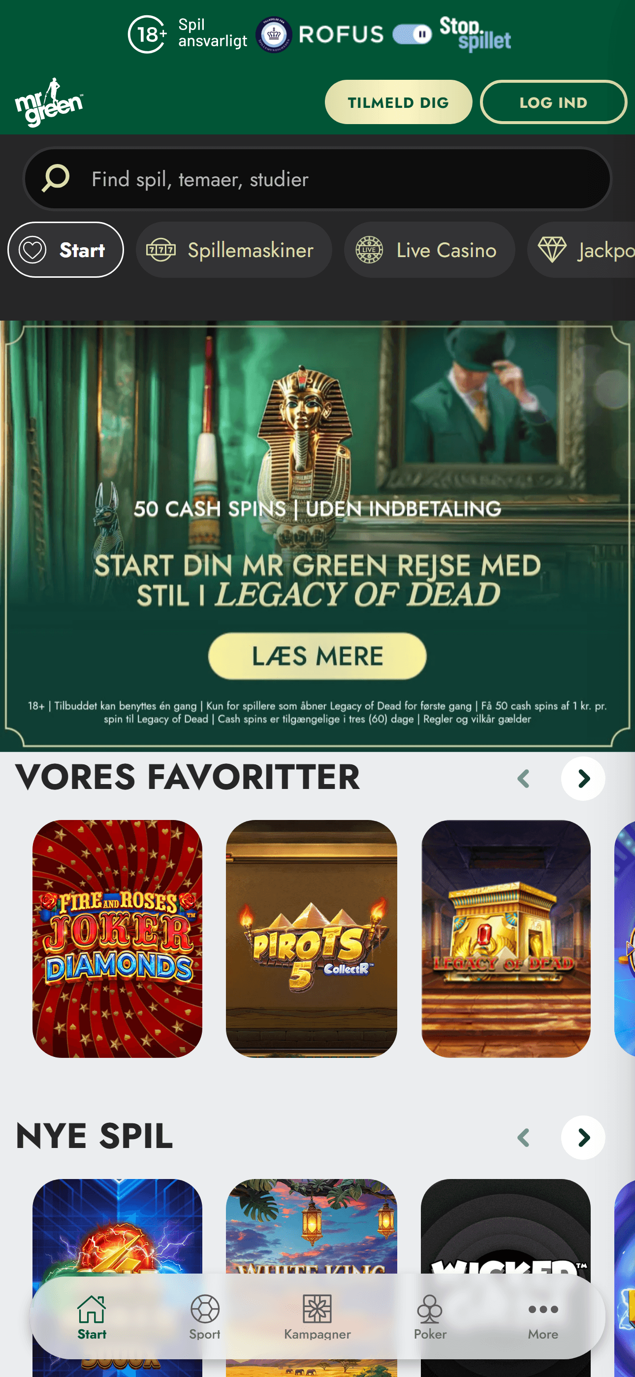 Mr Green forside med menu til spillemaskiner, live casino, kampagner og sport