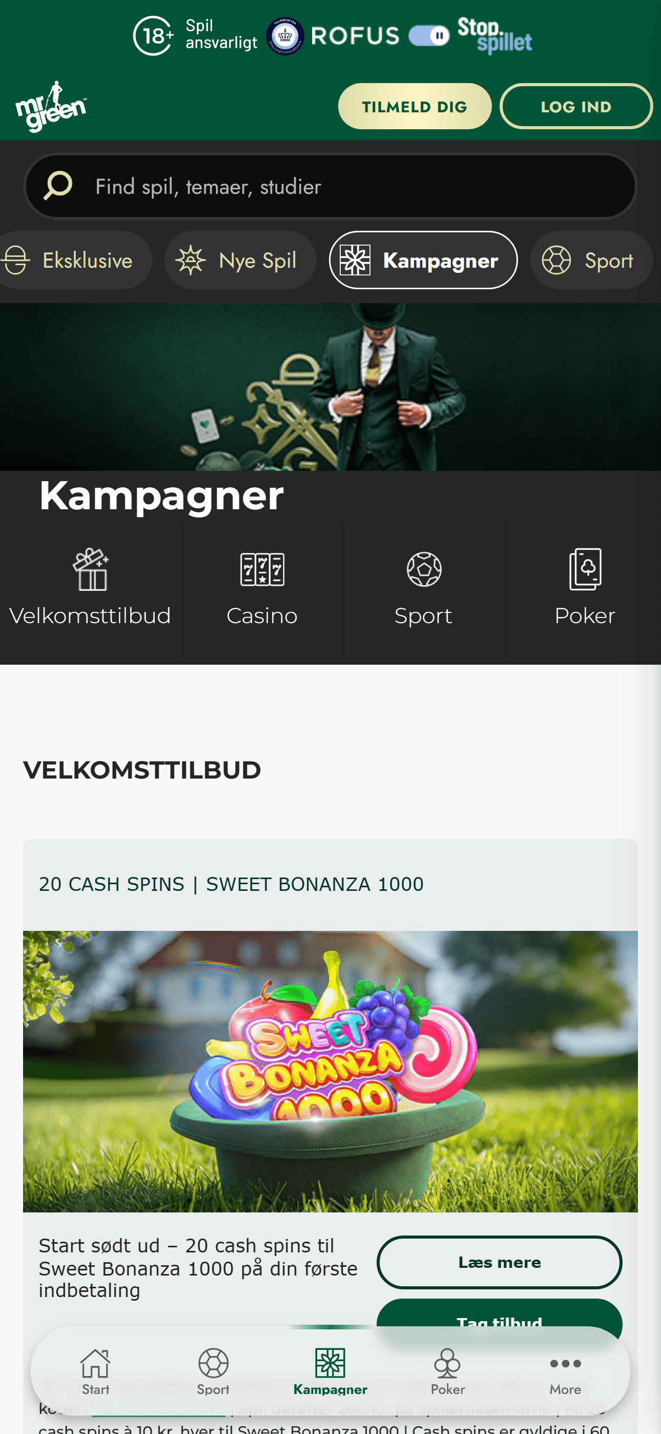 Mr Green kampagneside med velkomsttilbud til casino, sport og poker
