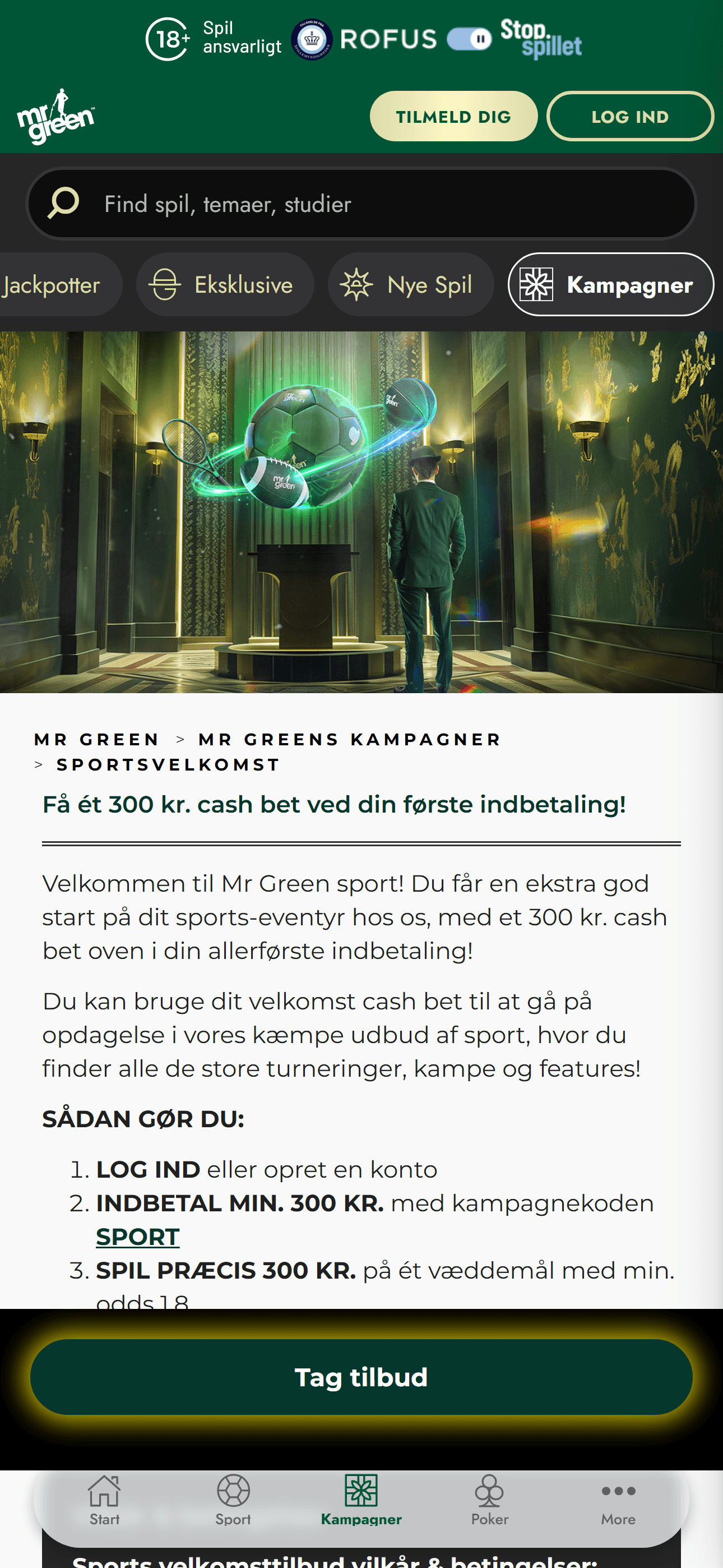 Mr Greens sport-velkomsttilbud med et cash bet på 300 kr.