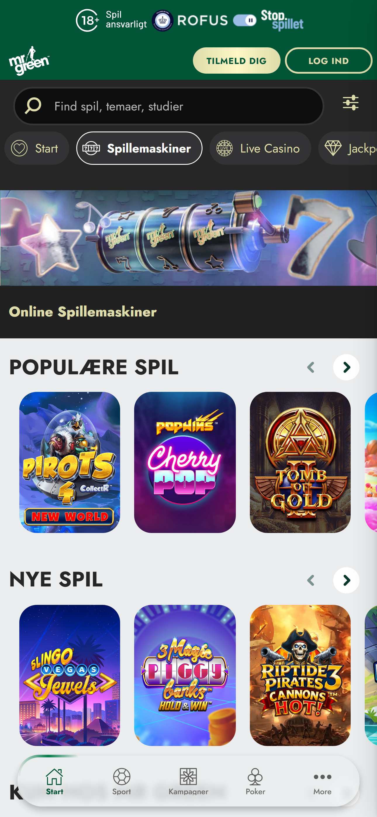 Mr Green spillemaskiner i casino-lobbyen