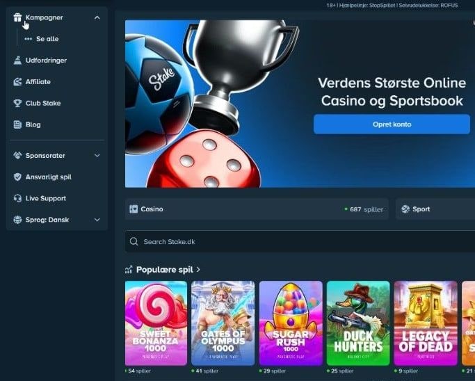 Stake.dk forside med venstremenu, populære spil og opret-konto-knap