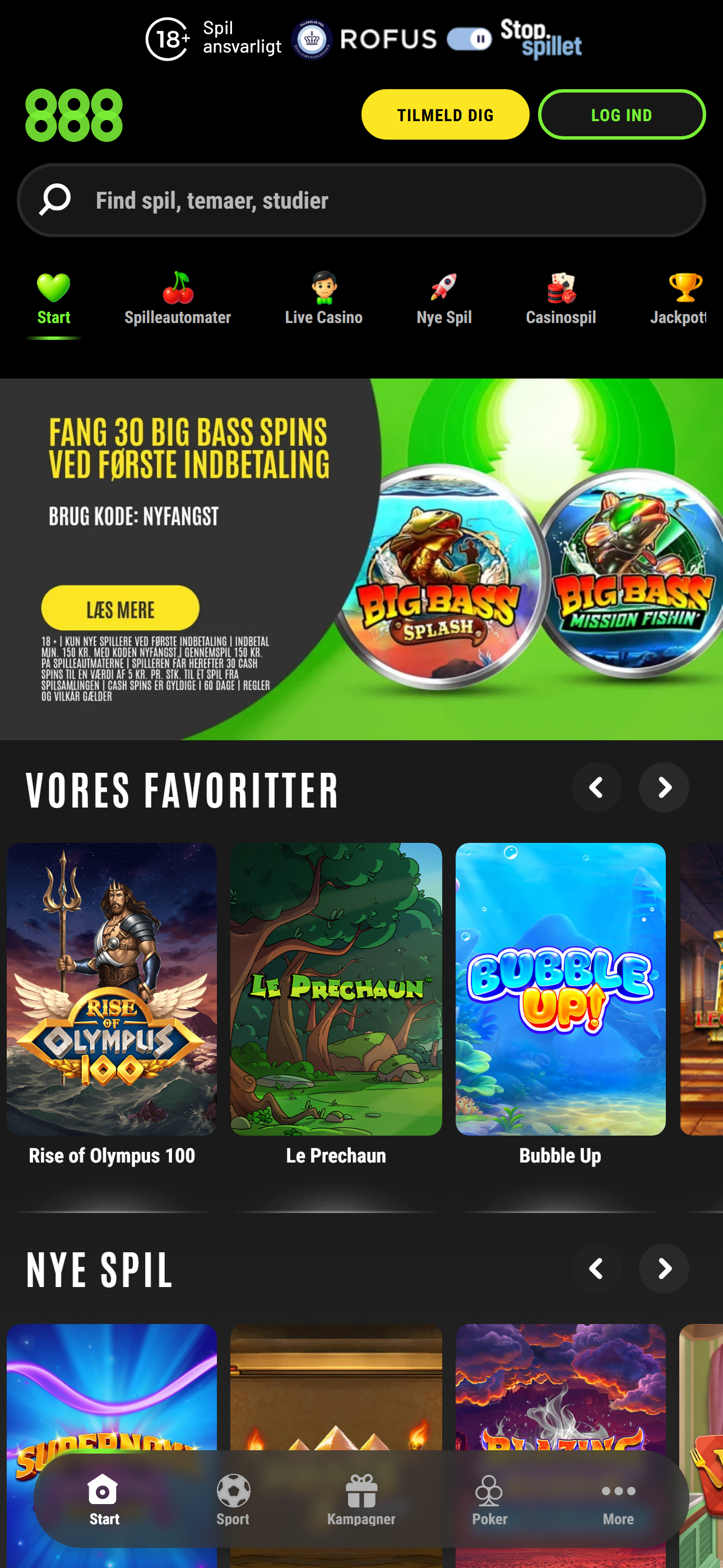 888 casino forside med navigation til casino, sport og poker