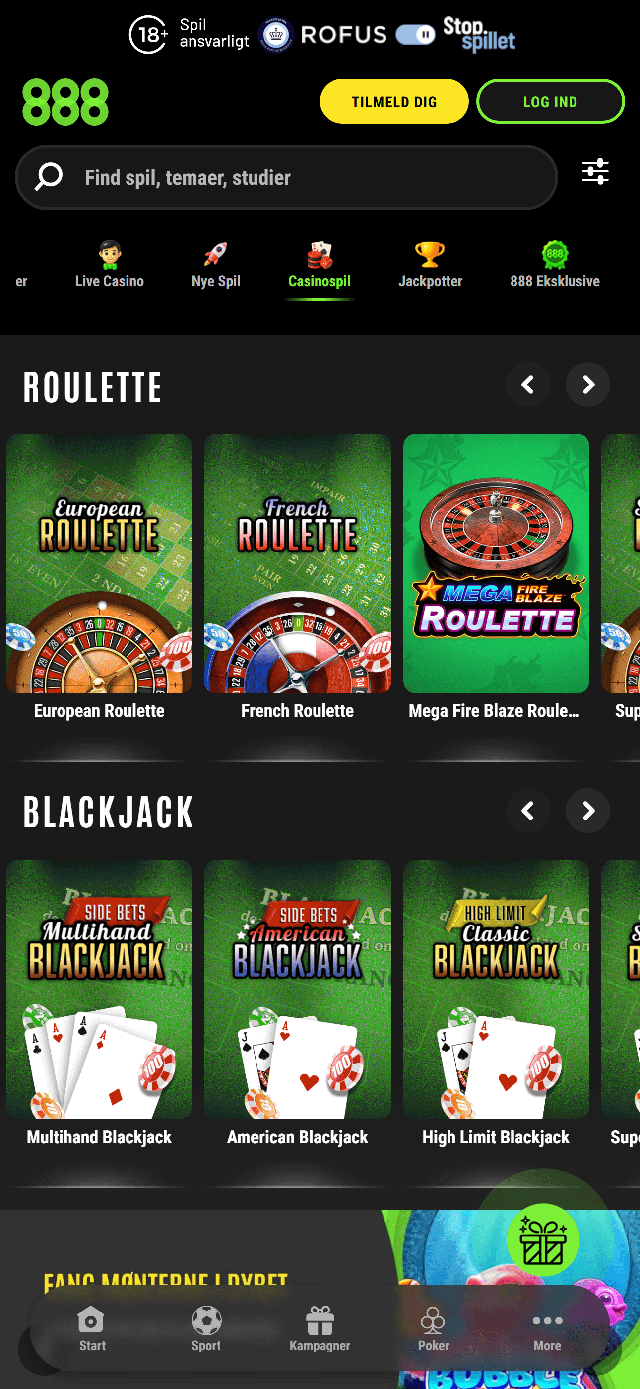 888 casino-lobby med spillemaskiner og jackpots