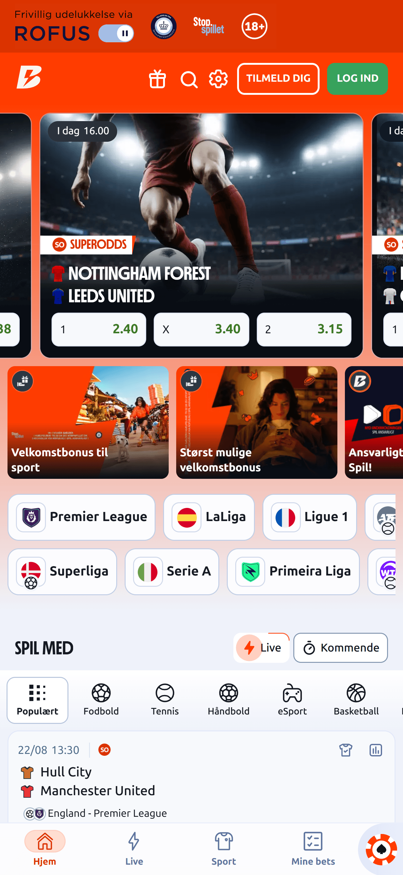 Betano forside med casino og sport
