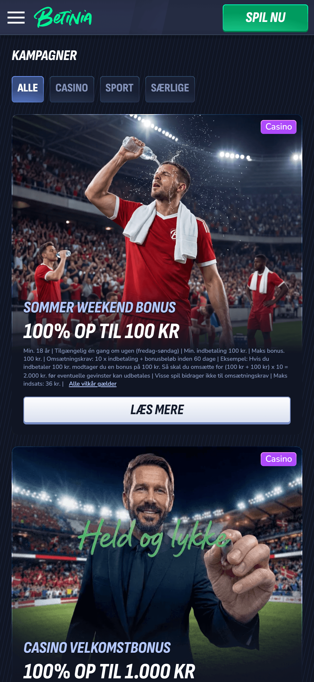 Betinia kampagner: casino- og sport-velkomstbonus, Bet Builder og tidlig udbetaling