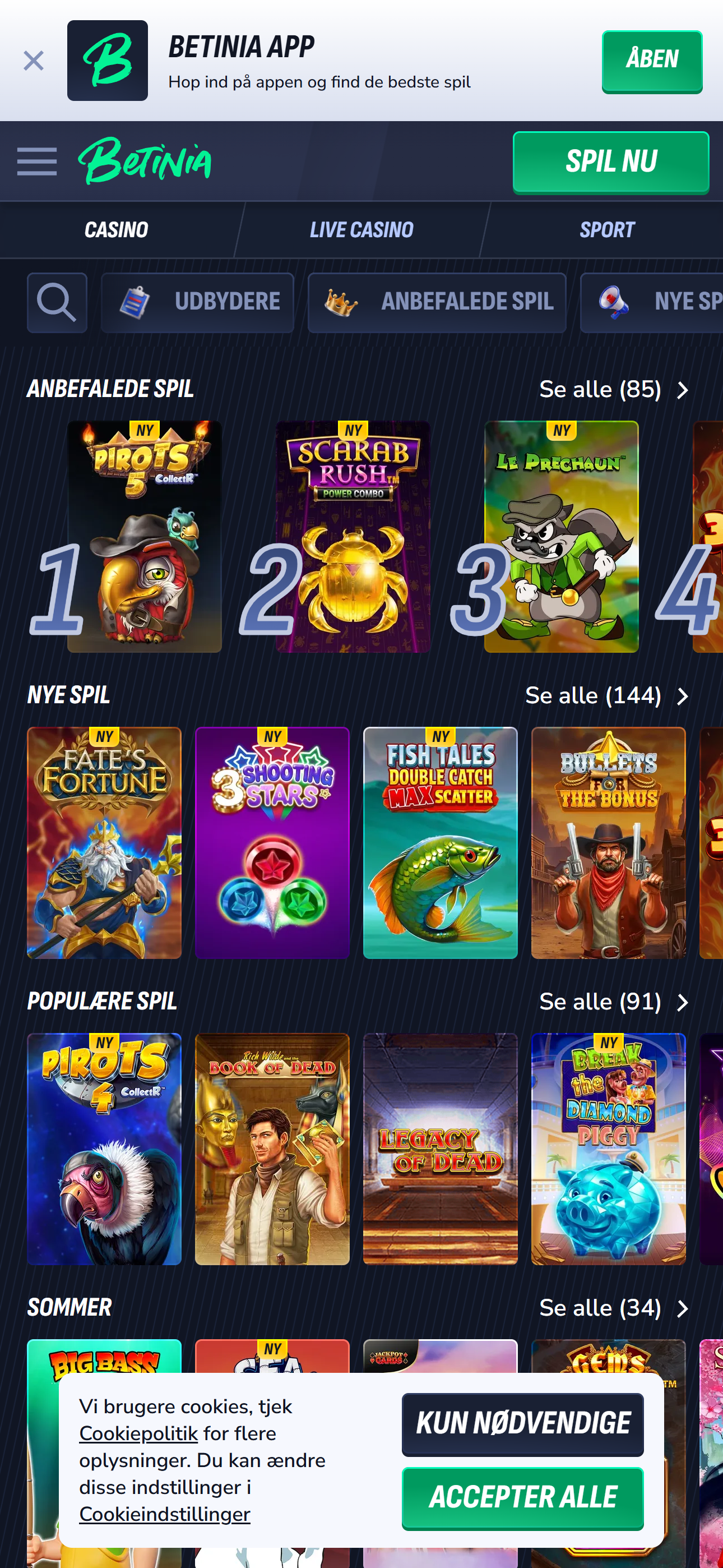 Betinia casino-lobby med anbefalede spillemaskiner og jackpots