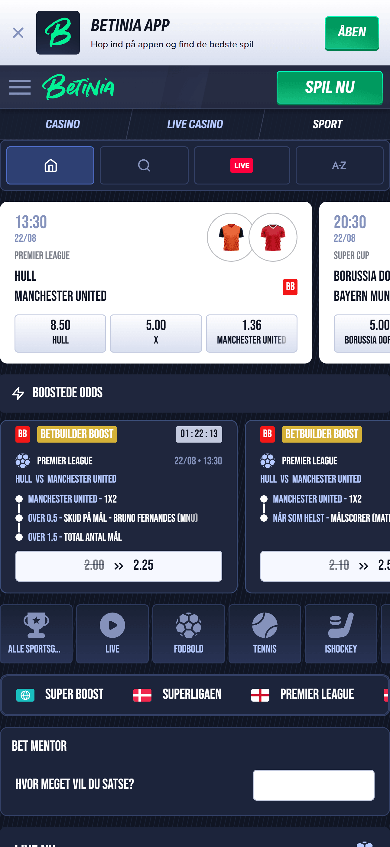 Betinia sportsbook med live kampe, odds og boostede Bet Builder-tilbud