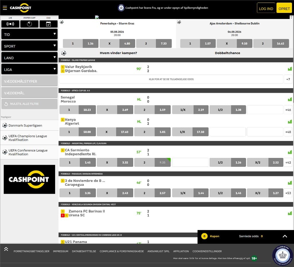 Cashpoint live betting med fodboldkampe og odds