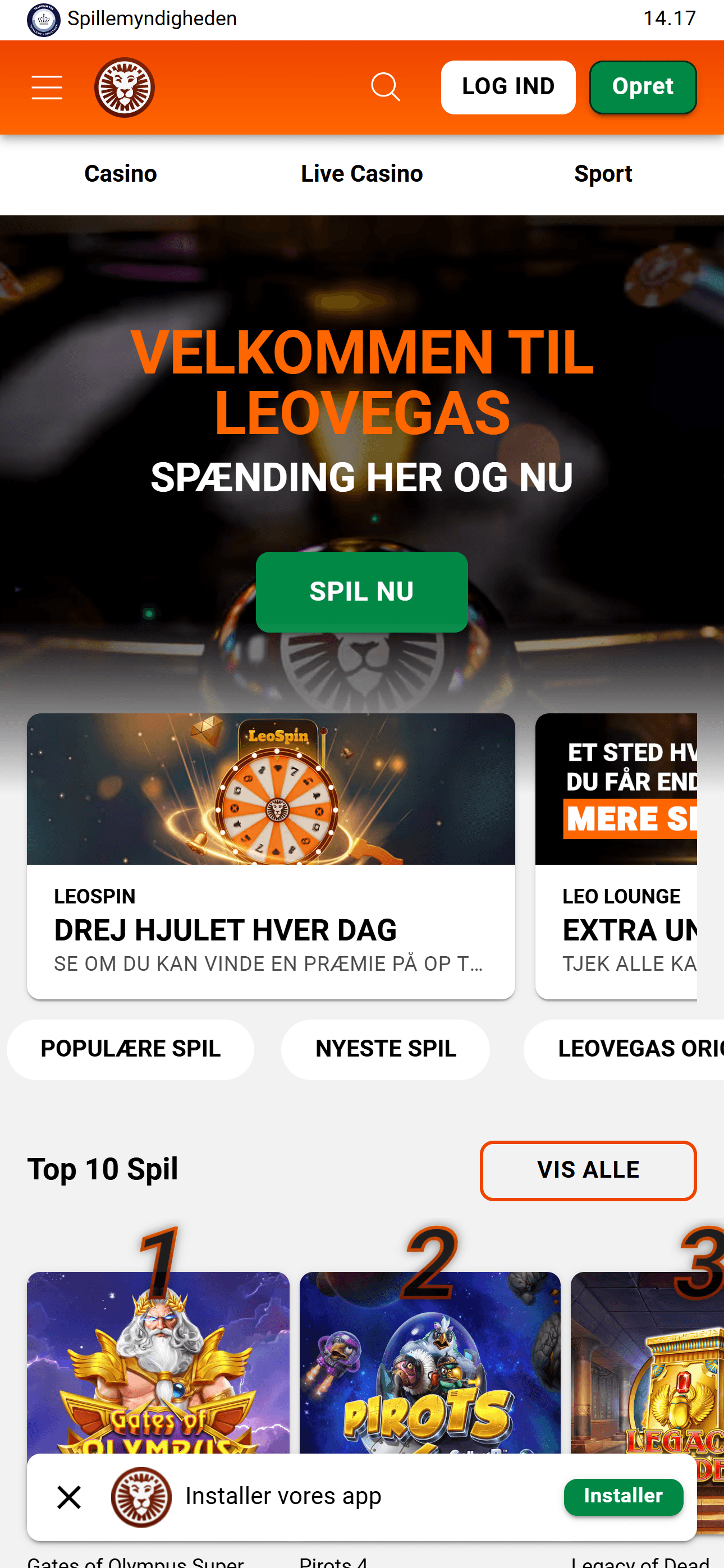 LeoVegas forside med kampagner og spil